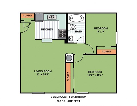 Floor plan for 2 beds, 2 baths, 662 sqft