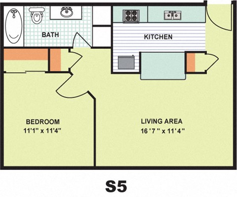 Floor plan for 1 bed, 1 bath, 582 sqft
