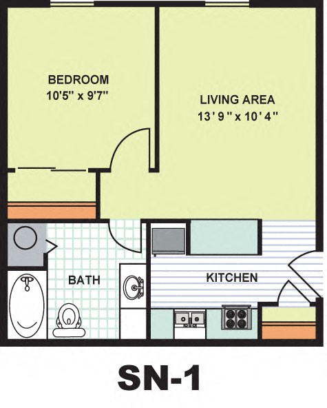Floor plan for 1 bed, 1 bath, 518 sqft
