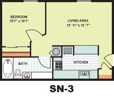 Floor plan for 1 bed, 1 bath, 516 sqft