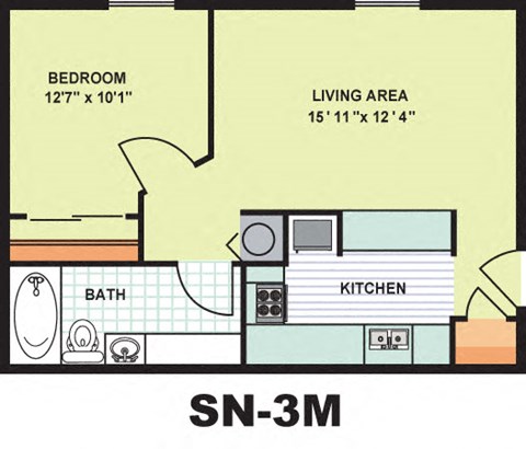 Floor plan for 1 bed, 1 bath, 585 sqft