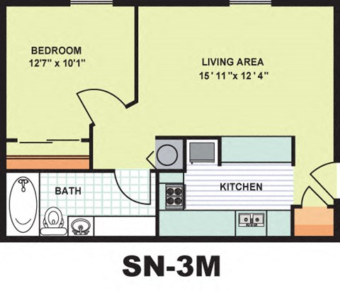 Floor plan for 1 bed, 1 bath, 579 sqft
