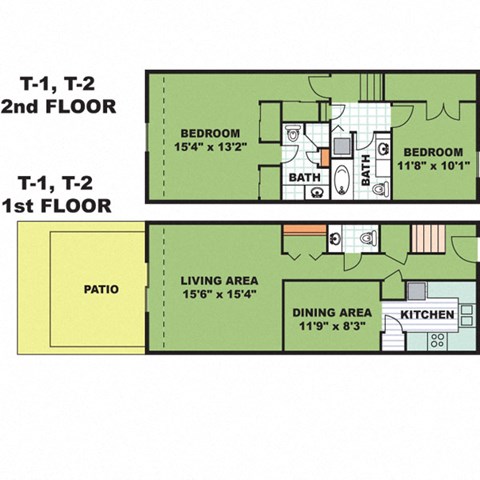 Floor plan for 2 beds, 2.5 baths, 1246 sqft