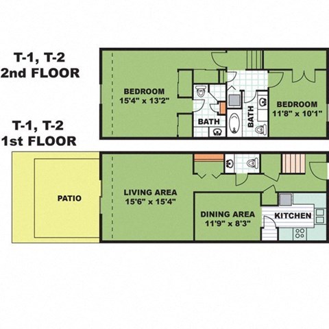 Floor plan for 2 beds, 2.5 baths, 1165 sqft