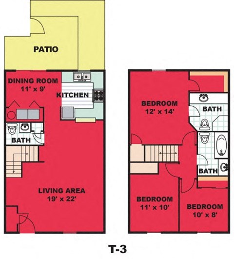 Floor plan for 3 beds, 2.5 baths, 1237 sqft