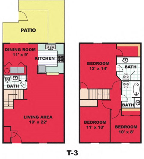 Floor plan for 3 beds, 2.5 baths, 1540 sqft