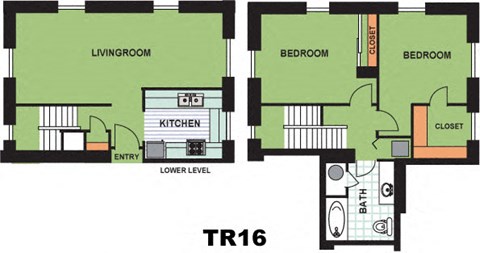 Floor plan for 2 beds, 1 bath, 958 sqft