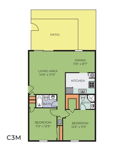 Floor plan for 2 beds, 2 baths, 970 sqft