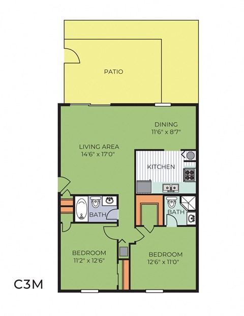 Floor plan for 2 beds, 2 baths, 970 sqft