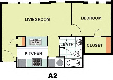 Floor plan for 1 bed, 1 bath, 645 sqft