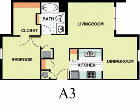 Floor plan for 1 bed, 1 bath, 696 sqft