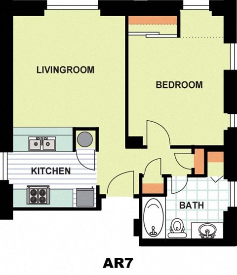 Floor plan for 1 bed, 1 bath, 618 sqft
