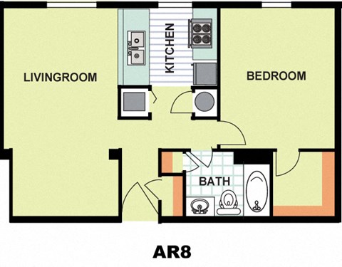 Floor plan for 1 bed, 1 bath, 661 sqft