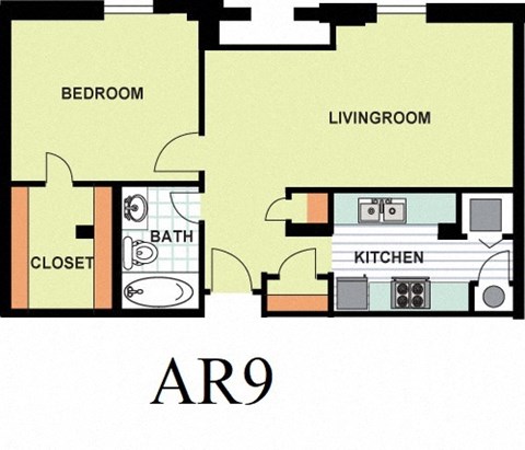 Floor plan for 1 bed, 1 bath, 696 sqft
