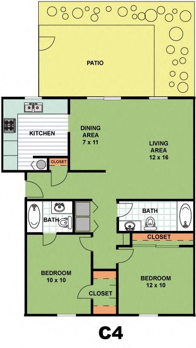 Floor plan for 2 beds, 2 baths, 1069 sqft