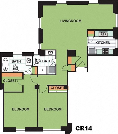 Floor plan for 2 beds, 2 baths, 1040 sqft