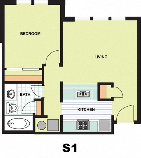 Floor plan for 1 bed, 1 bath, 457 sqft