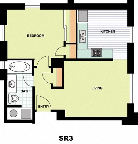 Floor plan for 1 bed, 1 bath, 558 sqft