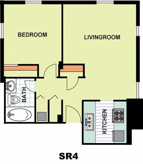 Floor plan for 1 bed, 1 bath, 588 sqft