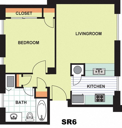 Floor plan for 1 bed, 1 bath, 602 sqft