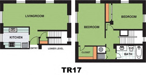 Floor plan for 2 beds, 1 bath, 996 sqft