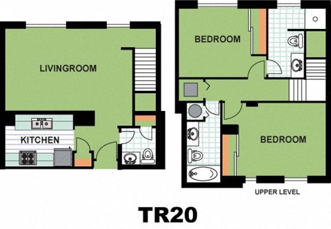 Floor plan for 2 beds, 2.5 baths, 1035 sqft