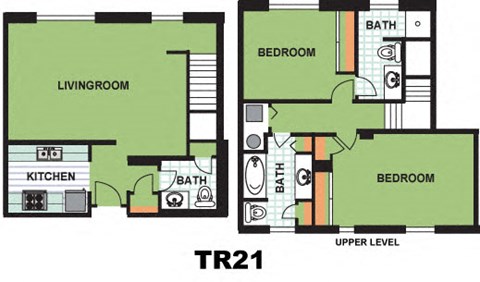 Floor plan for 2 beds, 2.5 baths, 1097 sqft