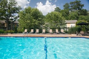 Clarkston apartment for rent - a swimming pool with chairs and trees in the background