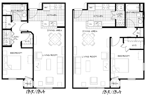 Floor plan for 1 bed, 1 bath, 688 sqft