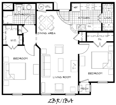 Floor plan for 2 beds, 1 bath, 914 sqft