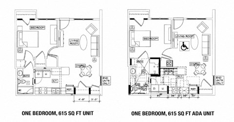Floor plan for 1 bed, 1 bath, 625 sqft