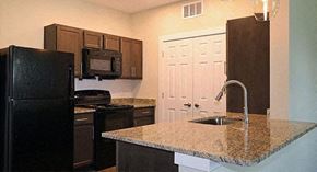 Clarkston apartment for rent - a kitchen with a granite counter top and a black refrigerator