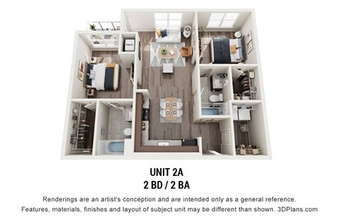 Floor plan for 2 beds, 2 baths, 943 sqft