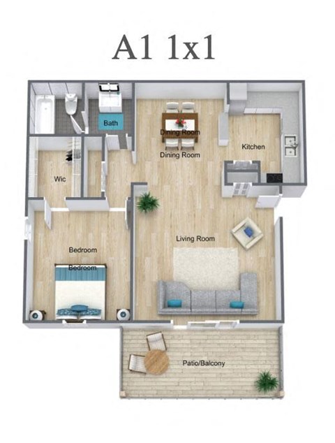 Floor plan for 1 bed, 1 bath, 776 sqft