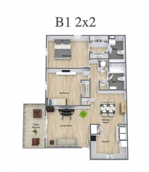 Floor plan for 2 beds, 2 baths, 1200 sqft