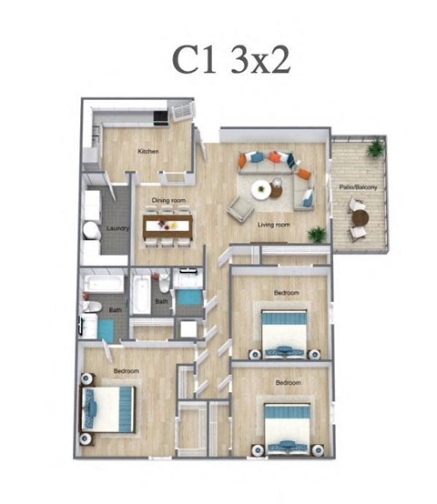 Floor plan for 3 beds, 2 baths, 1500 sqft