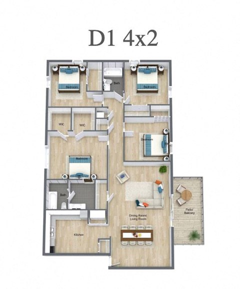 Floor plan for 4 beds, 2 baths, 1700 sqft