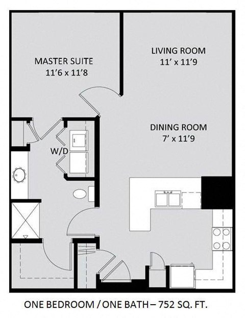 Floor plan for 1 bed, 1 bath, 752 sqft
