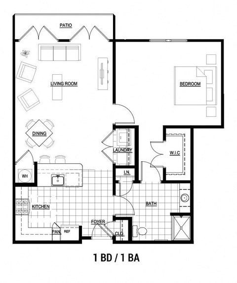 Floor plan for 1 bed, 1 bath, 750 sqft