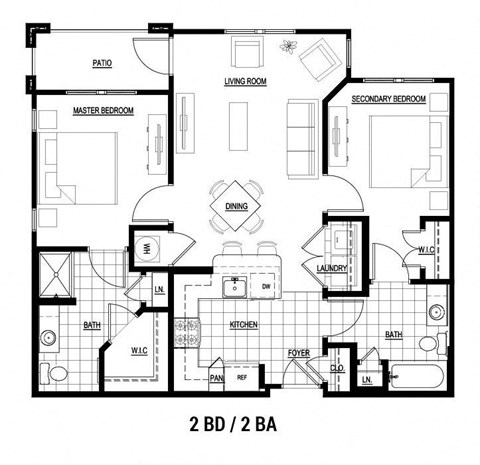Floor plan for 2 beds, 2 baths, 950 sqft