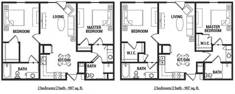 Floor plan for 2 beds, 2 baths, 858 sqft