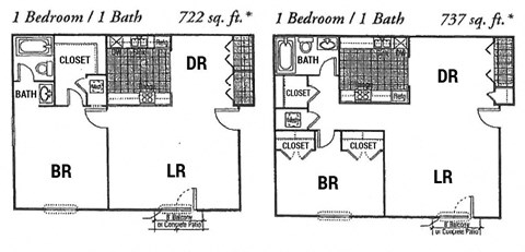 Floor plan for 1 bed, 1 bath, 737 sqft