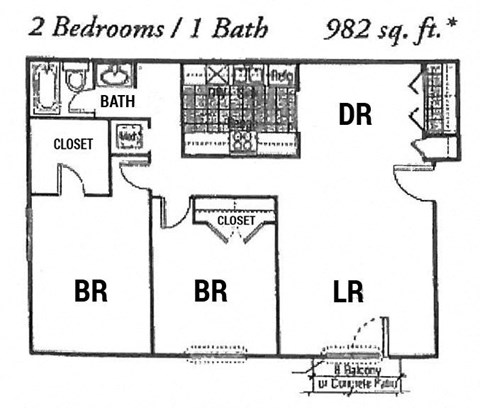 Floor plan for 2 beds, 1 bath, 982 sqft