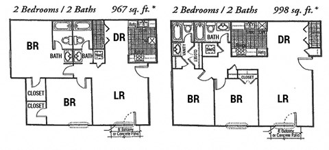Floor plan for 2 beds, 2 baths, 998 sqft