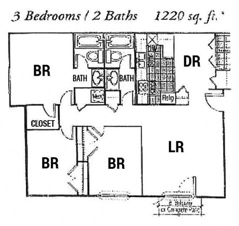 Floor plan for 3 beds, 2 baths, 1220 sqft