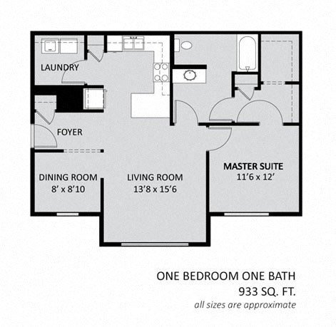 Floor plan for 1 bed, 1 bath, 933 sqft