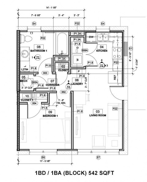 Floor plan for 1 bed, 1 bath, 693 sqft