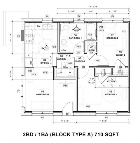 Floor plan for 2 beds, 1 bath, 733 sqft