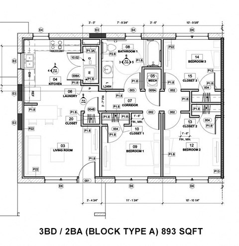 Floor plan for 3 beds, 2 baths, 1125 sqft