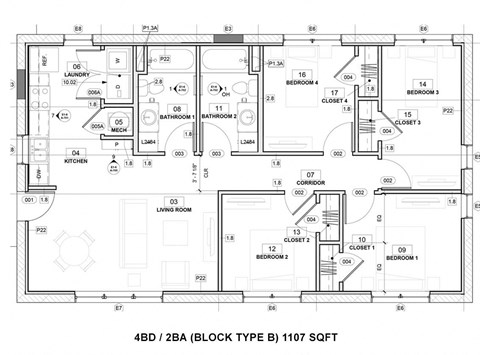 Floor plan for 4 beds, 2 baths, 1107 sqft